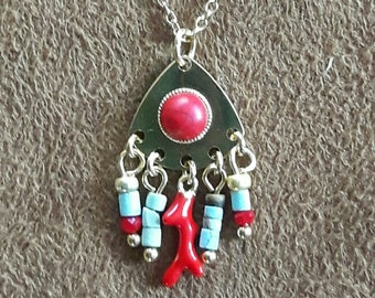 Thin necklace with tassel pendant, gold, turquoise and red, Native American inspired jewelry, Weetamoo necklace