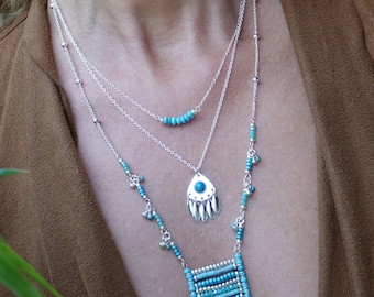 Thin Necklace with Tassel Pendant, Silver, with Natural Turquoise, Native American Jewelry, Naya Necklace