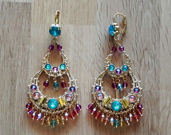 Dangling earrings, gilded with fine gold, adorned with fuchsia, pink, orange austrian crystal, boho earrings, Hippie