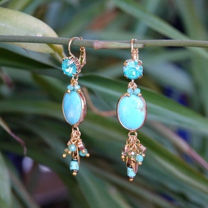 Dangling earrings, with turquoise blue and gold charms, mounted on leverback earrings, with austrian crystal, Paia earrings image 1