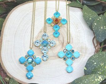 Long necklace, golden chain with crystal cross pendant, Theodora necklace