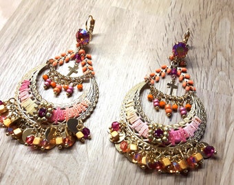 Dangling earrings, gilded with fine gold, adorned with fuchsia, pink, orange austrian crystal, Boho earrings