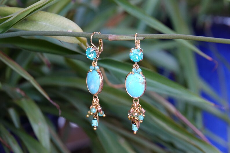Dangling earrings, with turquoise blue and gold charms, mounted on leverback earrings, with austrian crystal, Paia earrings image 1