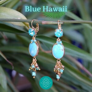 Dangling earrings, with turquoise blue and gold charms, mounted on leverback earrings, with austrian crystal, Paia earrings image 2