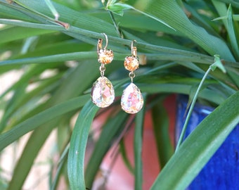 Dangling earrings, golden, with yellow crystal, Sunlight earrings