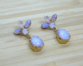 Dangling gold earrings, adorned with light pink molten glass and Austrian crystal, Sakura earrings