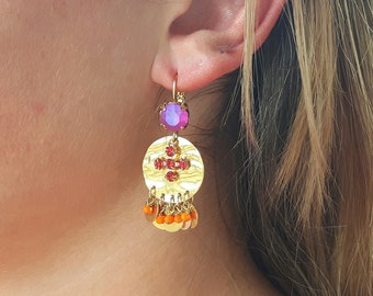 Gold tassel earrings, glass and fuchsia crystal, Krysta earrings