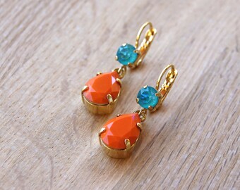 Dangling earrings, golden, with orange and turquoise crystal, Samba earrings