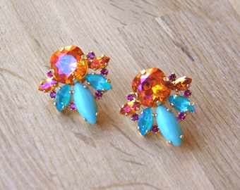 Gold earrings, adorned with fuchsia, turquoise and orange Austrian crystal, Flora stud earrings