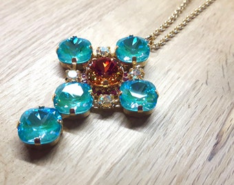 Long necklace, golden chain with Swarovski crystal cross pendant, Theodora necklace Blue Rhapsody