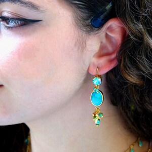 Dangling earrings, with turquoise blue and gold charms, mounted on leverback earrings, with austrian crystal, Paia earrings image 4