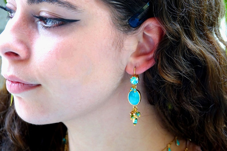 Dangling earrings, with turquoise blue and gold charms, mounted on leverback earrings, with austrian crystal, Paia earrings image 4