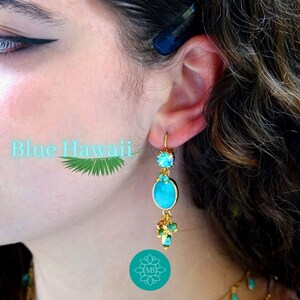 Dangling earrings, with turquoise blue and gold charms, mounted on leverback earrings, with austrian crystal, Paia earrings image 3