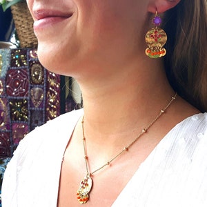 Golden necklace with tassels, glass beads and Austrian crystal cross, Krysta necklace