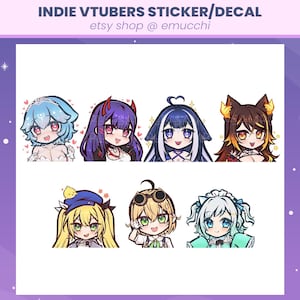 May include: Set of 7 digital stickers featuring anime-style characters with different hair colours and outfits. The characters are all smiling and have large eyes. The stickers are perfect for adding a touch of personality to your laptop, water bottle, or phone case.