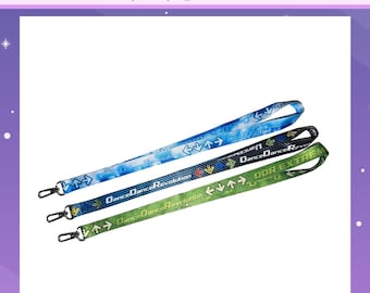 May include: Three lanyards with the text "DANCE DANCE REVOLUTION" and arrow graphics. The lanyards are blue, black, and green. Each lanyard has a metal clasp. The text "etsy shop @ emucchi" is at the top.