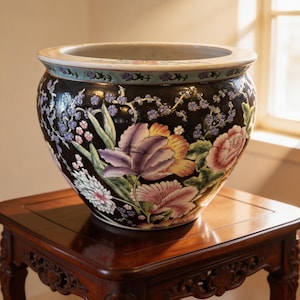 May include: A large, round black ceramic planter with a wide rim, decorated with colorful floral designs. The flowers include pink, purple, and yellow blooms. The planter sits on a dark wooden table with carved legs.