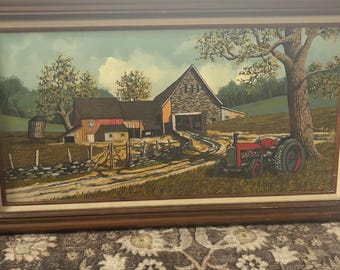 Serigrafía antigua enmarcada con una escena de un granero, firmada por el artista H. Hargrove.