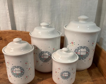 Set di barattoli in ceramica vintage del 1989, stile country rustico, casa e fiori.