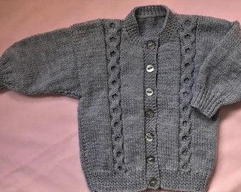 Hand Knitted Baby Cable, Round Neck Drop Shoulder, 24/26" Chest   2 to 3 year old.    Light Grey