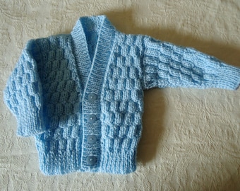 Hand Knitted Babies first size Patterned  Cardigan, Matinee Jacket  16"/18"    0/3 months  Blue