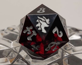 Dark red and grey translucent D20