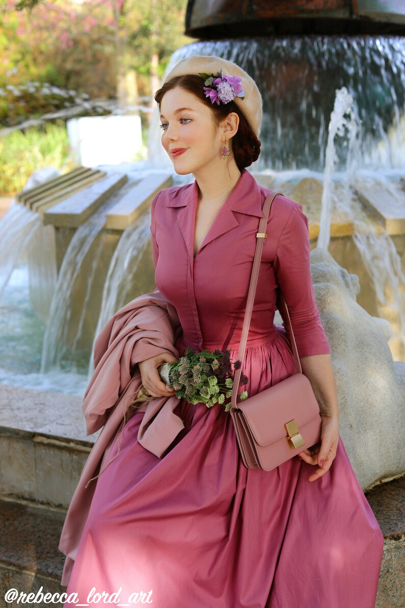 1950s silk satin party dress vintage Mildred Davis mauve 50s shirtwaist frock