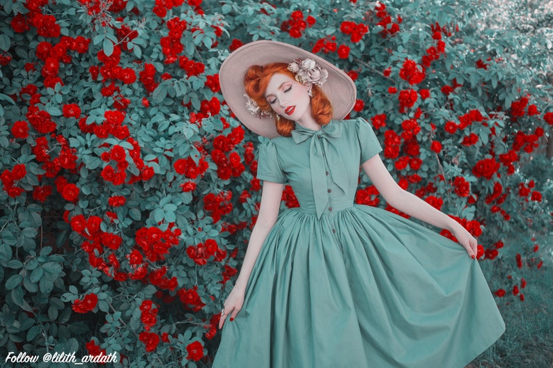 Bonnie Dress in Jade Green Cotton image 1