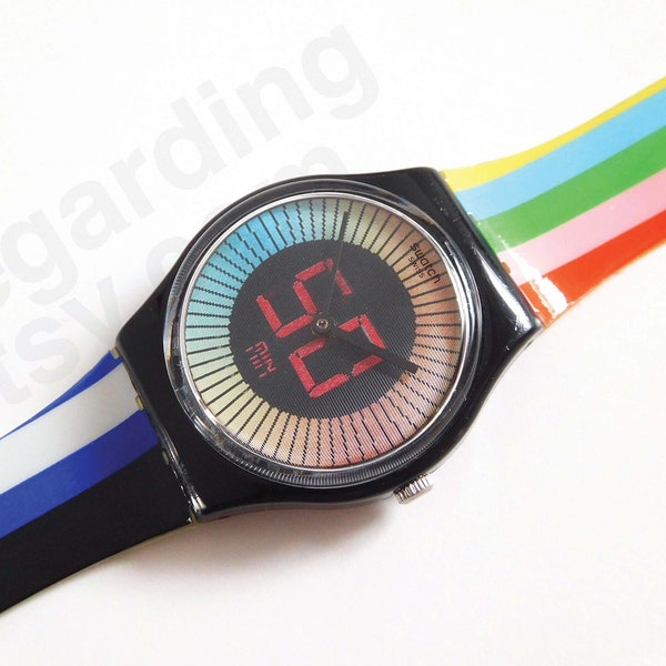 Swatch 'Speed Around' GB277 watch 34mm, novelty holographic effect dial, TV rainbow screen plastic strap, used with normal wear // 35 USD