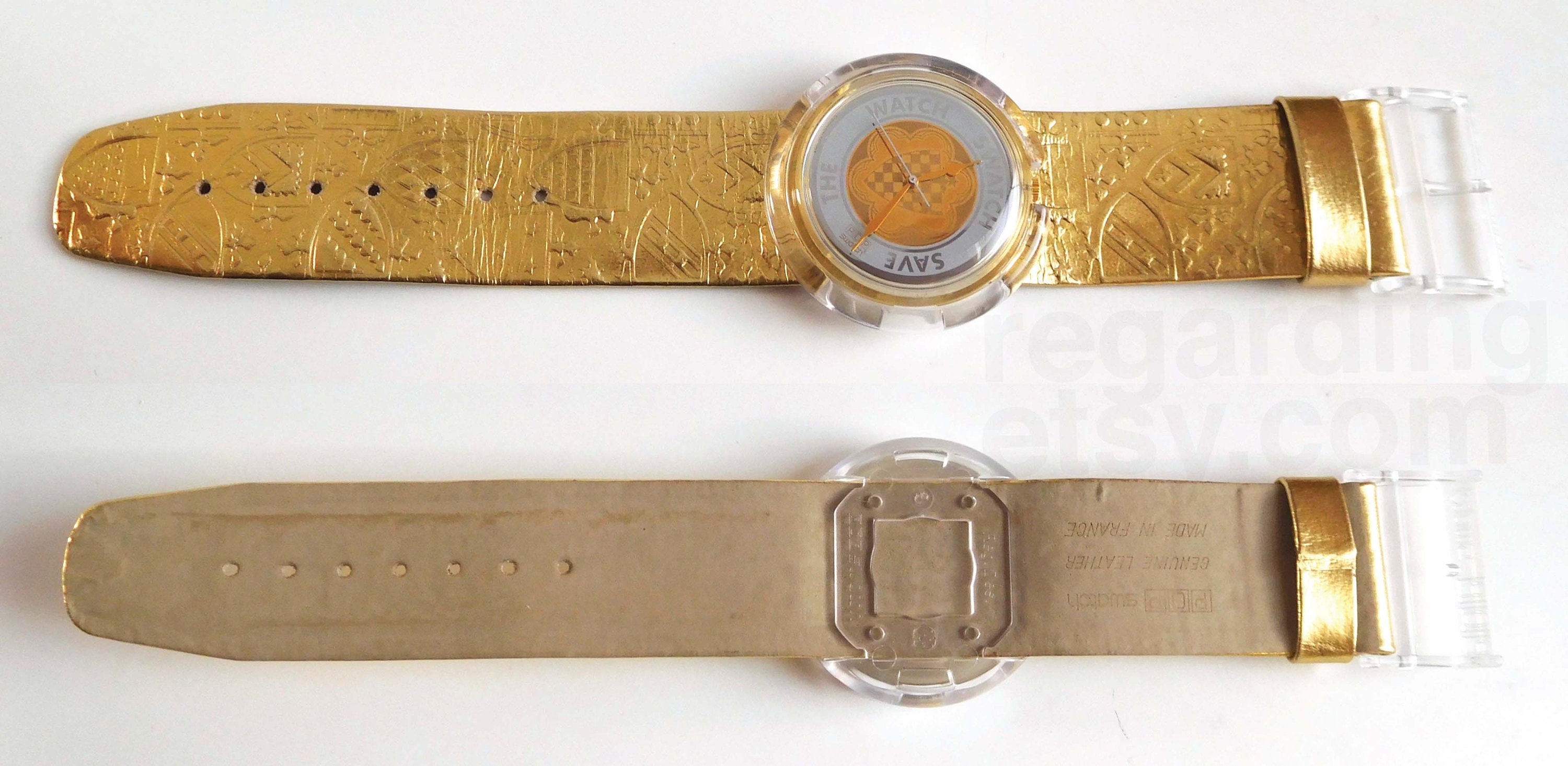 Jewellery Watches Wrist Watches Unisex Wrist Watches Vintage POP Swatch Watch Guinevere PWK169 1991 39mm face Never Worn New In Box with battery running gold tone patterned leather band GREAT! 