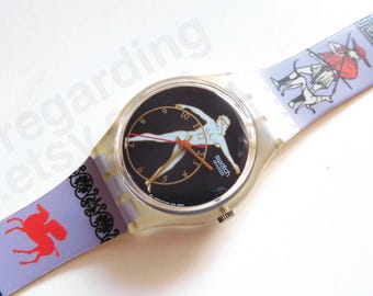 1990s 1991 Swatch watch 'Discobolus' GK141 34mm, classical ancient Greece athlete lilac black, good unworn condition