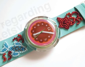 1990s 1992 Pop Swatch watch PWZ106 'Soupe de Poisson' 39mm, red magenta, turquoise beaded strap, excellent unworn condition
