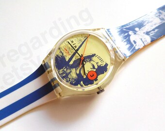 1990s 1991 Swatch watch 'Amneris' GK132 34mm, sphinx pyramids vintage travel design, storage wear, otherwise good unworn condition