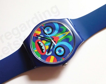Swatch watch 'Kukulakuku' SUOZ171, LARGE 41mm NewGent size, colorful graphics artist special design, pre-owned good condition