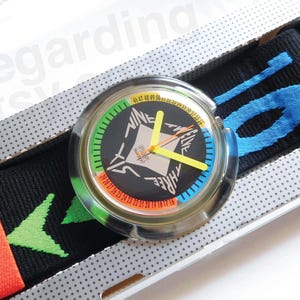 1990s 1992 Pop Swatch watch PWK189 &#39;Nineteen&#39; 39mm, colorful graphic design, NOS excellent unworn condition