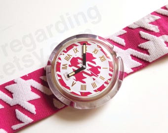 1990s 1991 Pop Swatch watch PWK164 'MLLE' 39mm, pink white houndstooth check pattern, very good gently used condition, no box