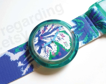 1990s 1991 Pop Swatch watch PWK158 'Coconut' 39mm, turquoise tropical palm tree design, stretchy textile, very good gently used condition