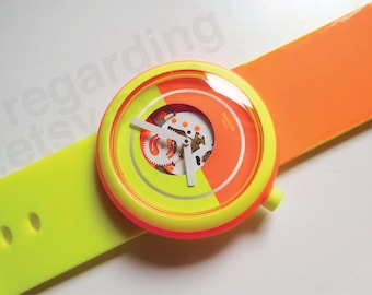 Pop Swatch watch, updated design 45mm LARGE PNO100 'Popover', highlighter orange yellow skeleton, used with corresponding wear