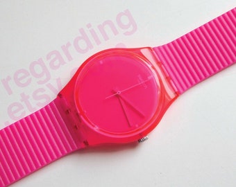 Swatch watch GR157 34mm, fluo bright hot pink monochrome tinted, normal scratches on the crystal from use