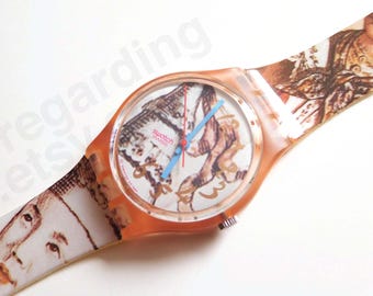 1990s 1992 Swatch watch GP105 'Masquerade' 34mm, Venice carnival pattern in light pink, good unworn condition, no box