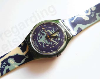 1990s 1991 Swatch watch GG111 'Crash' 34mm, cartoon running men rat race dial graphics, good unworn condition