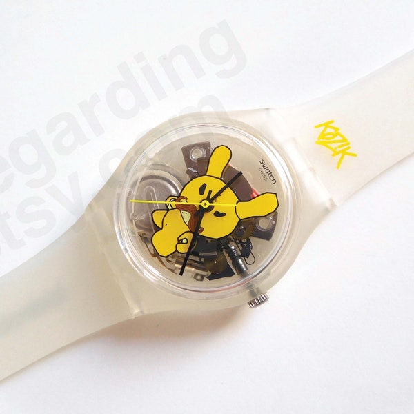 Swatch GZS49 Kidrobot mustache yellow Dunny watch, Frank Kozik design, clear transparent dial, pre-owned good condition // 46 USD + free S&H