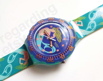 1990s 1993 Swatch watch Scuba 'Sailor's Joy' SDG100 38mm, mermaid merperson graphics purple turquoise, good used condition