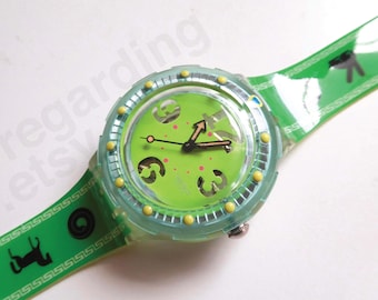 1990s 1991 Swatch watch Scuba SDN103 'Spray Up' 38mm, green cutout numbers dial, lime zodiac strap, pre-owned good condition