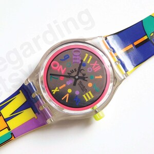 1990s 1993 Swatch watch 'Boogie Mood' SLK104 Musicall alarm watch 34mm, Philip Glass colorful, pick original or aftermarket clear strap