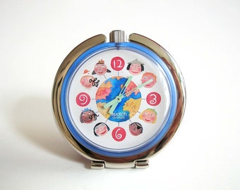 1990s 1996 Pop-Up Pop Swatch 'One World' PUN100, pocket watch alarm clock, world peace Jessie Hartland design, pre-owned good condition