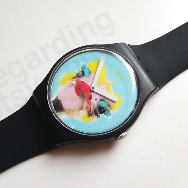 Swatch watch 'Blue Sweet' SUOB159, LARGE 41mm case diameter, colorful ostrich dial, pastels pink blue, pre-owned good condition