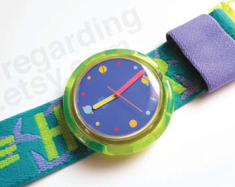 1990s 1990 Pop Swatch watch PWJ101 'Moondancer' 39mm, Space Hero planets turquoise teal, running works, vintage used condition, no box