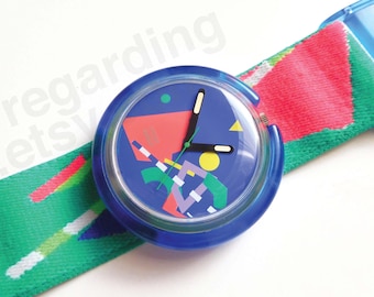 1990s 1991 Pop Swatch watch PWK147 'Pole Vault' 39mm, fluo pink turquoise blue abstract graphic design, good used condition
