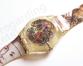 1990s 1991 Swatch watch 'Scribble' GZ124 transparent 34mm, drawn numbers, Masquerade strap, unworn vintage condition